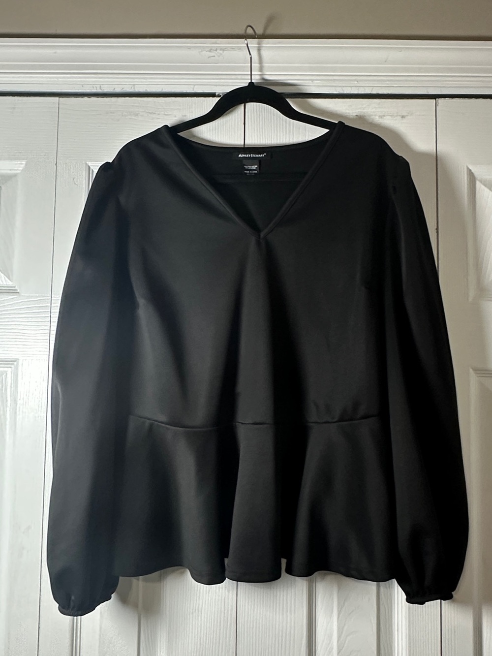Ashley Stewart Black V-Neck Peplum Long Sleeve Top